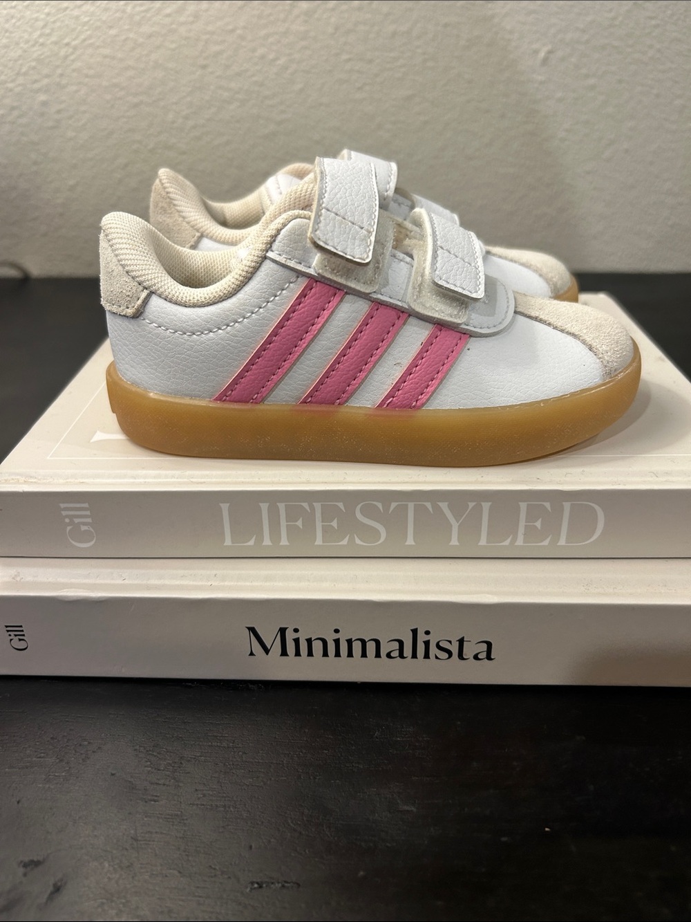 adidas Kids White Sneakers with Pink Stripes and Gum Sole